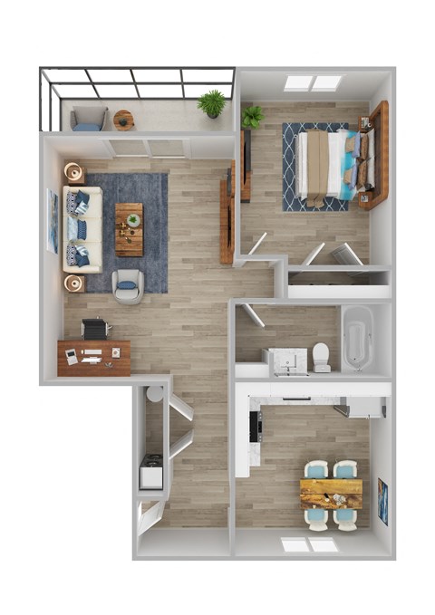 Floor plan for 1 bed, 1 bath, 657 sqft